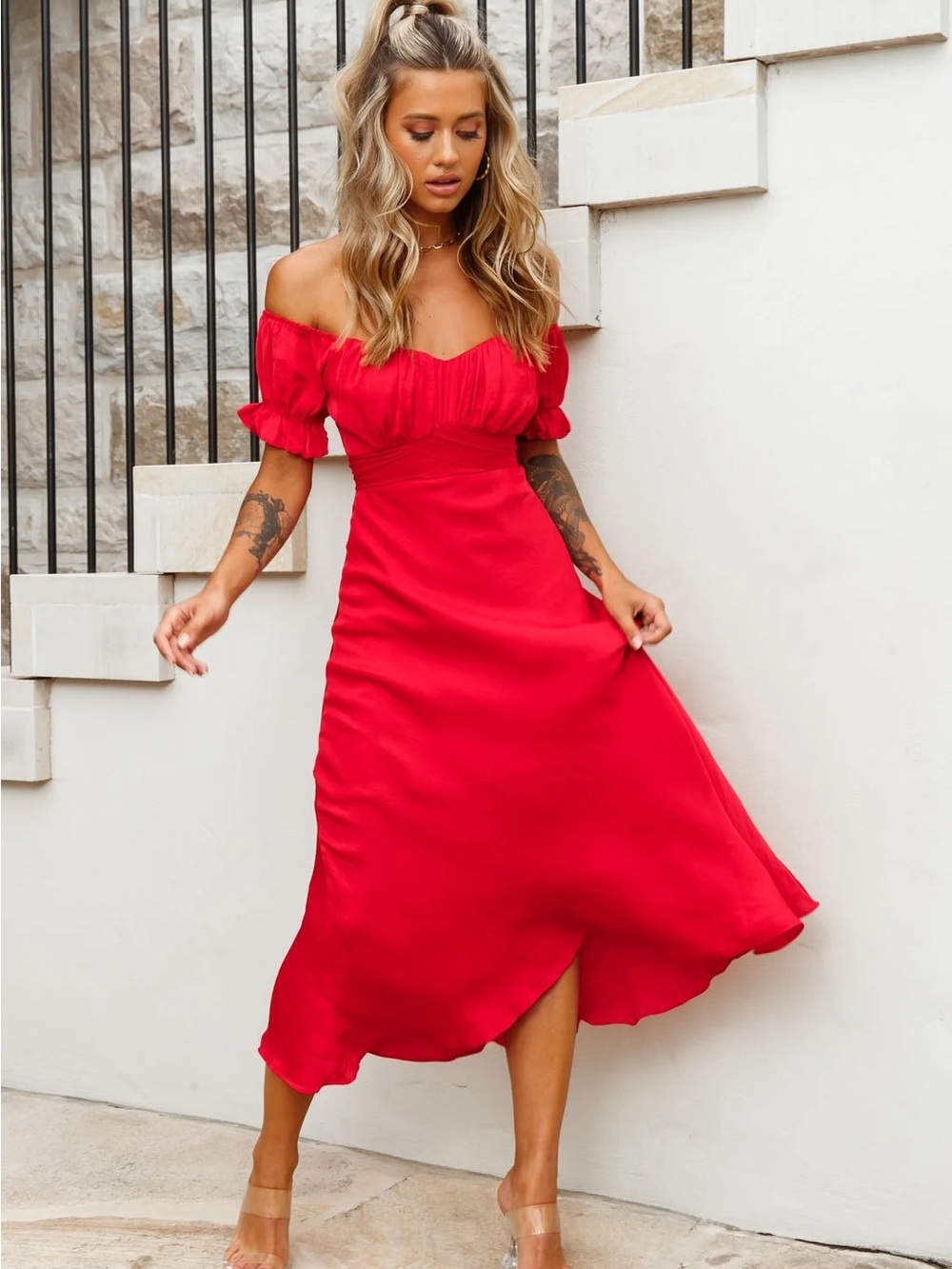 Selfie Leslie Red Off-Shoulder Midi Dress